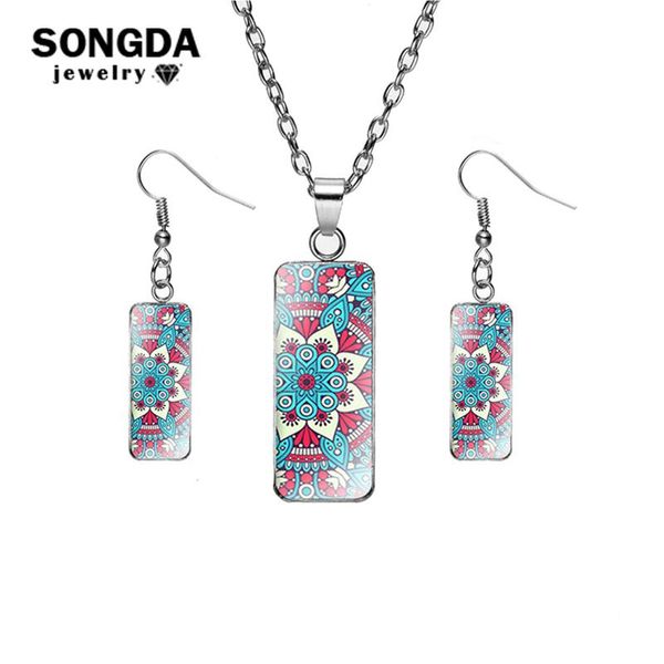 

songda 1 set boho folk art patterns jewelry for women glass rectangle pendant fish hook earrings & necklaces fashion accessories, Silver