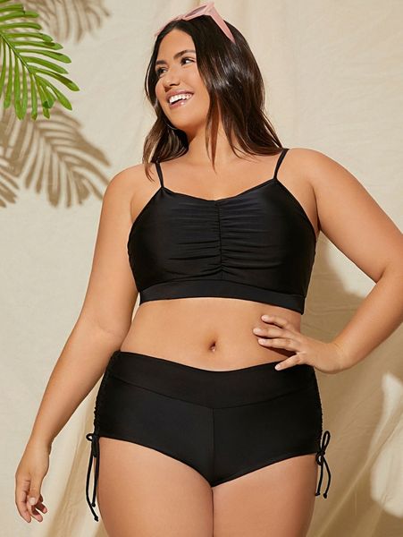 

plus ruched drawstring side shorts bikini swimsuit a6im#, Black