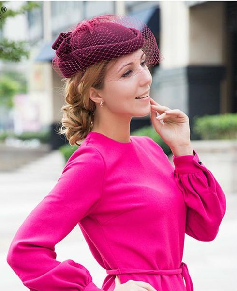 

2020 100%wool fascinator winter elegant women pillbox hat black felt red ladies wedding beret hats bowknot kentucky derby fedoras, Black;white