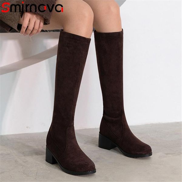 

smirnova 2020 big size 34-43 knee high boots women stretch flock solid colors autumn winter boots thick heel casual shoes woman, Black