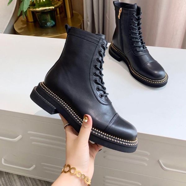 

women boots 2020 autumn winter new lacing flat heel boot middle boot leather luster round head boot with box, Black