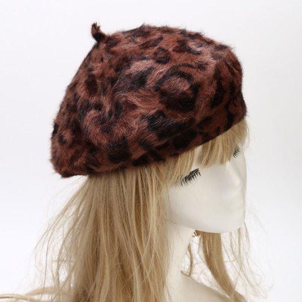 

2020 warm Leopard Print Fur Buckle Beret Painter Hat Octagonal Hat Women and Girl 111, Blue;gray
