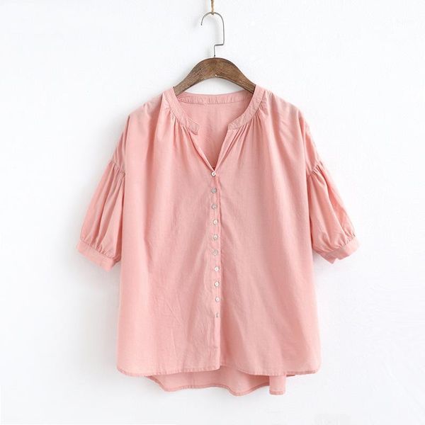 

johnature summer casual korean v-neck button women shirts 2020 new short sleeve solid color all-match 6 colors womens blouse1, White