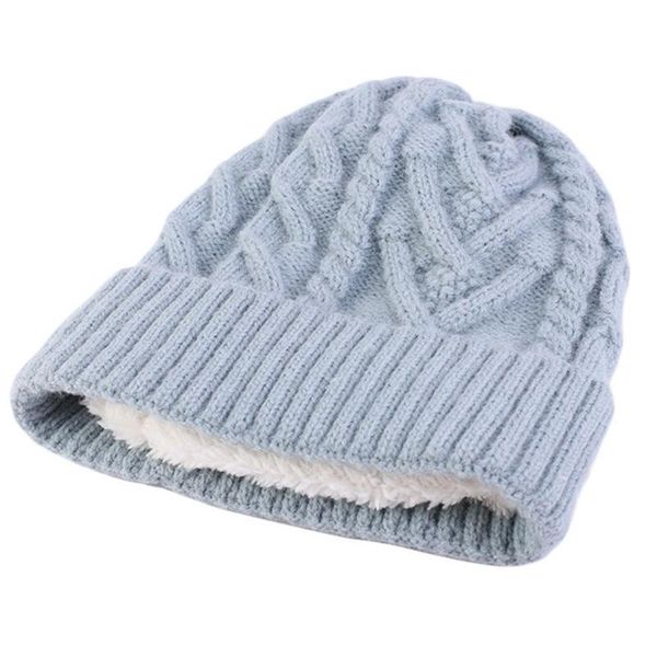 

women winter faux fleece lining beanie hat rhombus striped chunky cable knitted cuffed skull cap solid color thermal windproof, Blue;gray