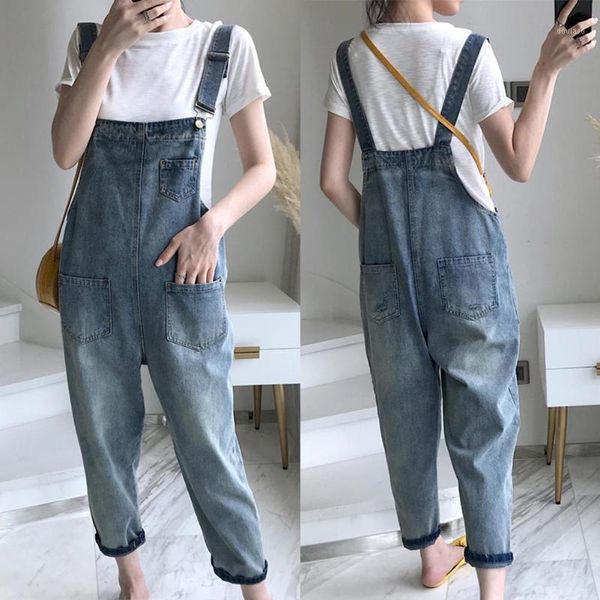 

women jumpsuits summer casual overalls linen pants casual women pockets loose suspender denim overall dungarees ninth trousers1, Blue