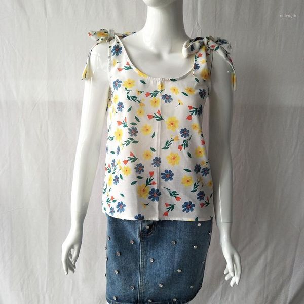 

women vest summer 2020 bow tie shoulder strap flower print sleeveless sling women1, White