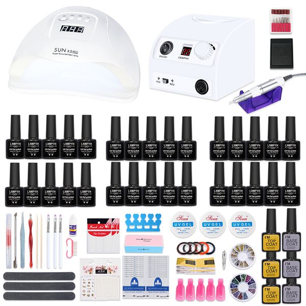

54w manicure kit 30/20/12/10 color gel polish set electric drill machine uv led nail lamp dryer