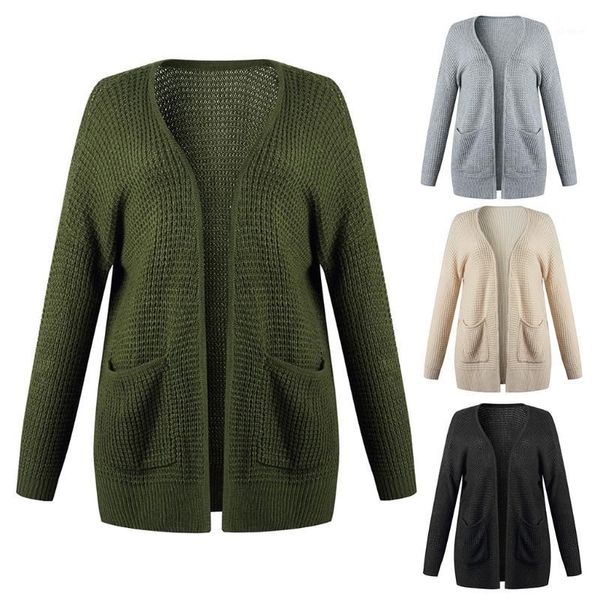 

women autumn long sleeve sweater cardigan open front waffle knitted outwear solid color casual loose side split coat with pocket1, White