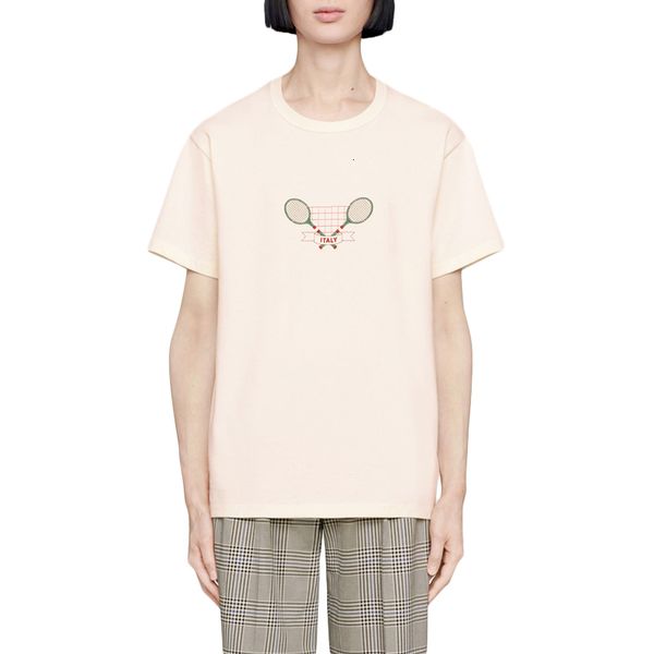 

19ss tennis racket embroidery t-shirt casual beige made in italy t-shirt men women short sleeves summer t shirt fashion men women tee, White