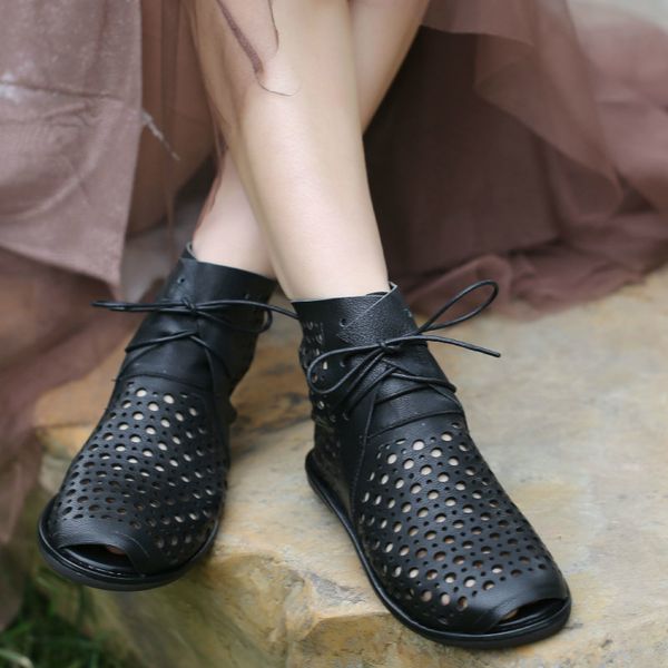 

women leather boots peep toe low heels summer shoes black casual soft leather ankle boots sandals women handmade brand 2020 t200425