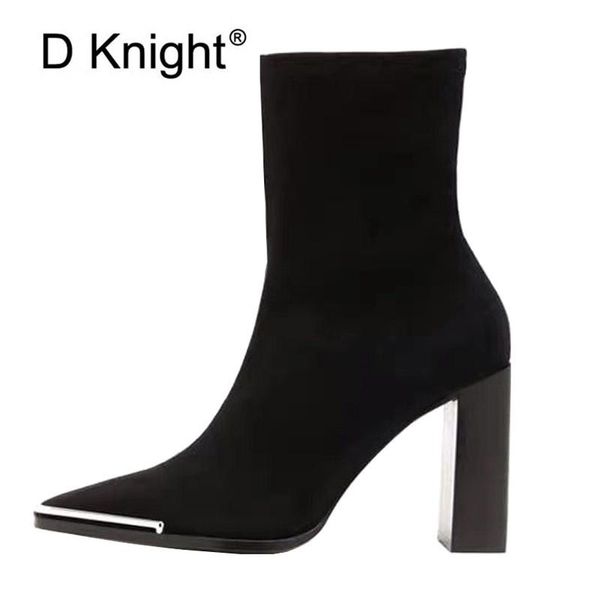 

boots fashion elastic sock ankle chunky high heels stretch women autumn booties square toe pumps shoes woman, Black