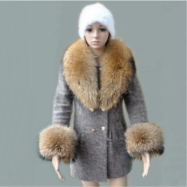 

2020 regal natural raccoon skin coat warm collar and charter sleeves, Blue;gray