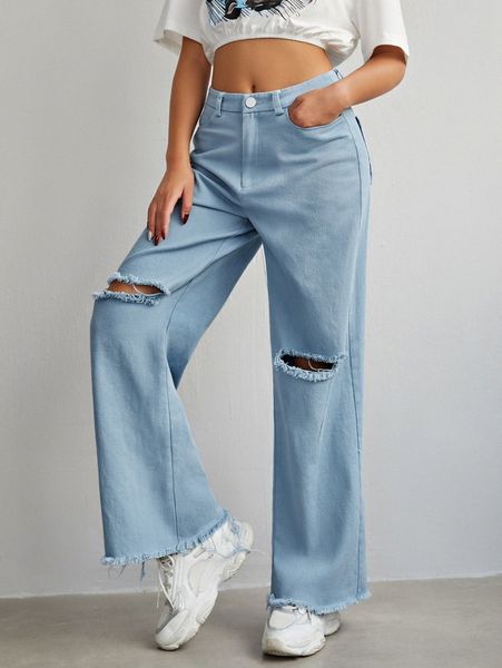 

ripped raw hem solid pants y8tv#, Black;white