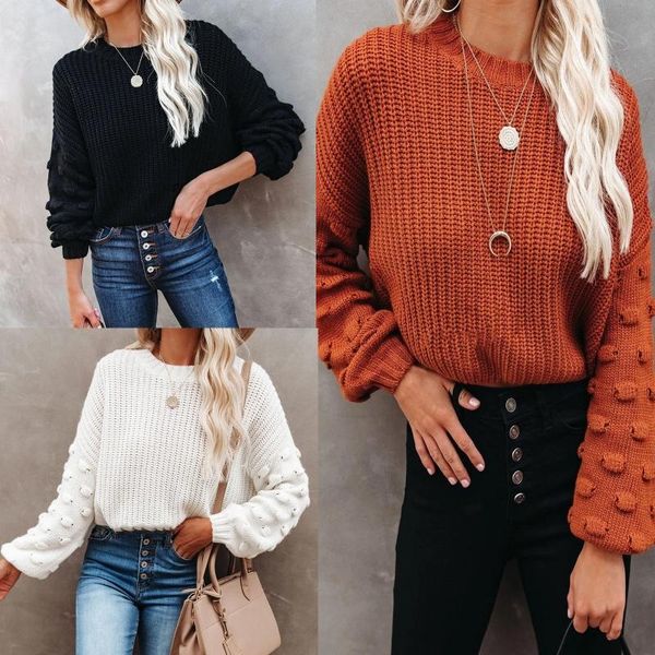 

women autumn dot puff long sleeve sweater round neck chunky crochet knitted pullover crop solid color loose jumper, White;black