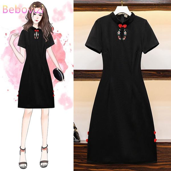 

2020 -4xl plus size vintage black embroidery chinese traditional qipao casual party women midi dress summer cheongsam dresses, Red