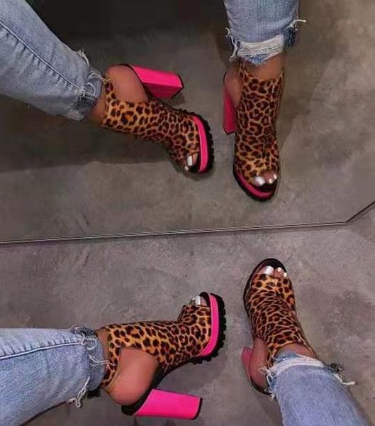 

sandals slingbacks women leopard chunky heel summer boots platform peep toe thick high heels female booties, Black