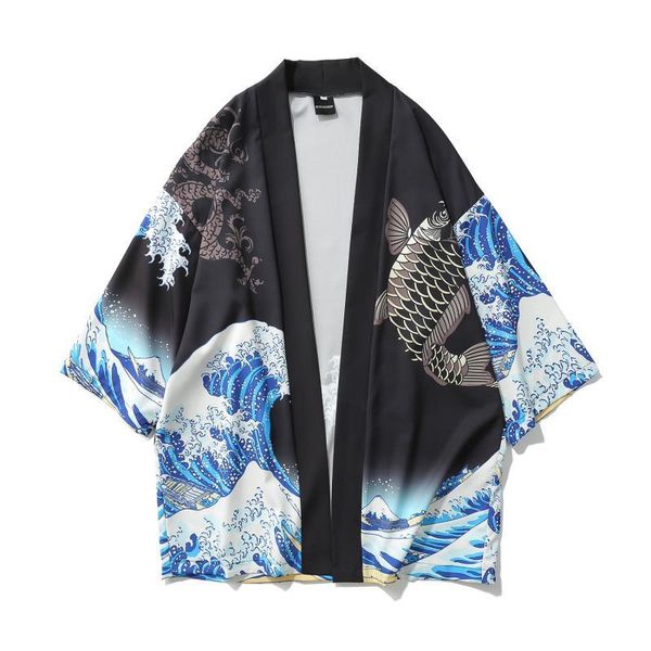 

2021new japanese kimono cardigan men wave carp print long kimono cardigan men thin mens drop ship jacket coat, Black;brown
