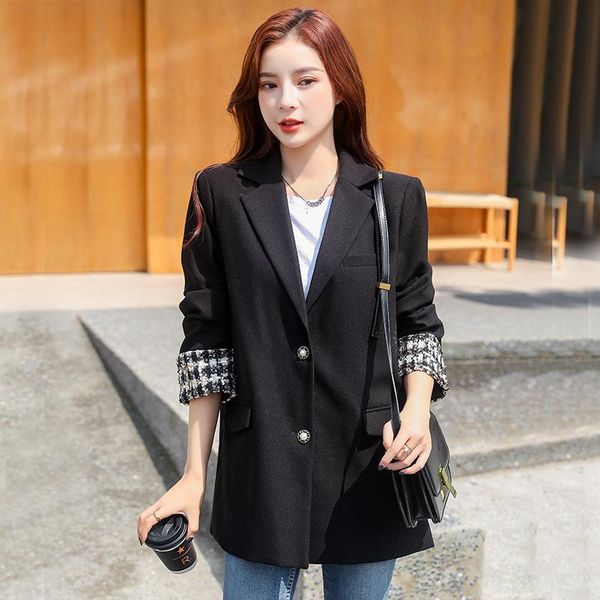 

ewq] 2020 зимняя женская мода повседневная черный поворот воротник с длинным рукавом минималистский лоскутный плед шерстяной верхний пальто, Black