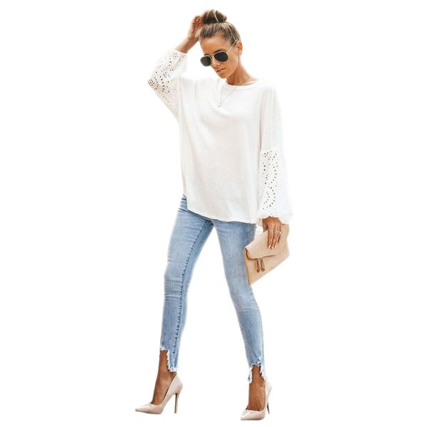 

women hollow out tshirt o-neck long sleeve white loose t shirt female pullover clothing