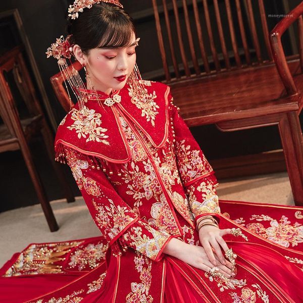 

ethnic clothing novelty chinese style wedding dress suzhou embroidery cheongsam qipao oriental marrige suit handmade beads bride clothing1, Red