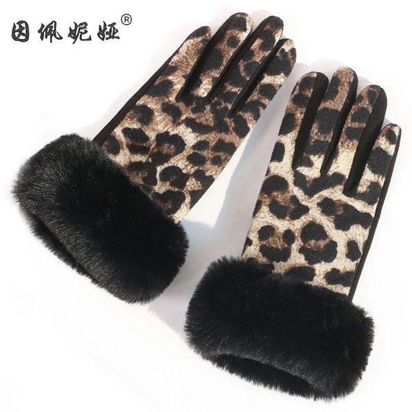 

five fingers gloves outdoor cycling winter women' leopard pattern fashion warmth imitation fur plus velvet touch screen, Blue;gray