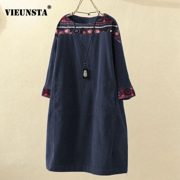 

vintage floral print o-neck corduroy dress women 2021 spring three quarter sleeve a-line party dress autumn loose casual dresses, Black;gray