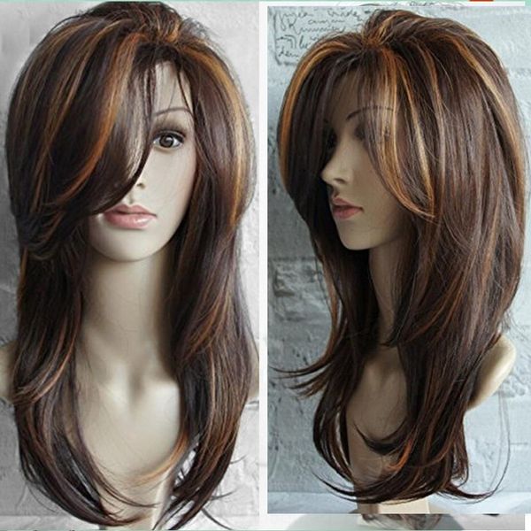 

buw71 trend hair highlights gradient medium long curl trend hair cover highlights gradient wig medium long curl wig cover, Black