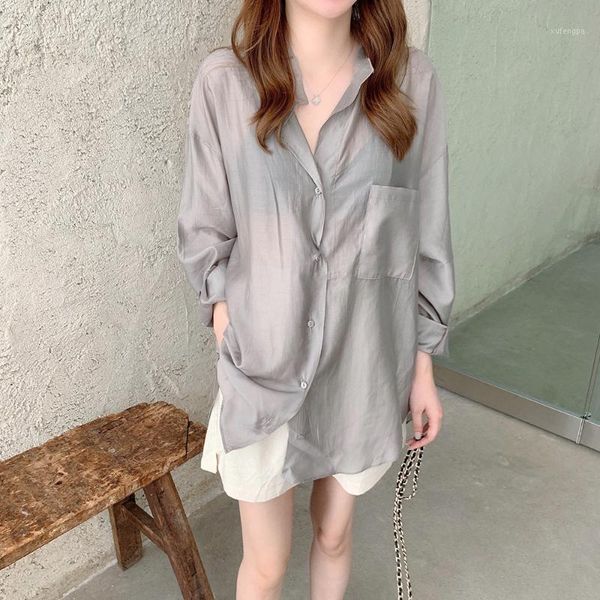 

2020 snordic women summer oversized rayon loose blouse long sleeve silver gray shirt stand collar single breasted 1, White