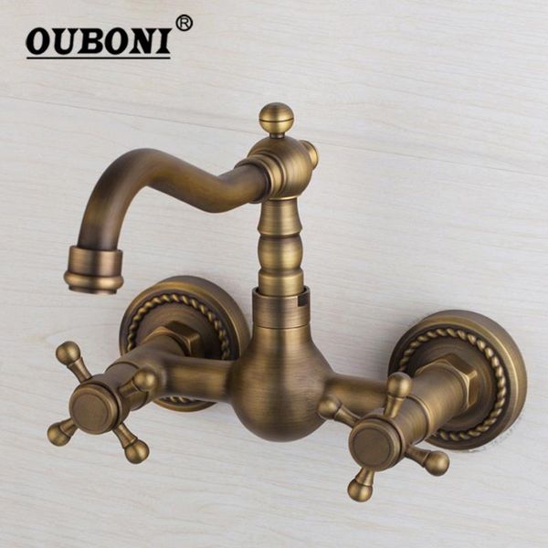 

bathroom sink faucets ouboni antique brass basin faucet wash mixer tap swivel spout 2 handles wall mounted bathtub