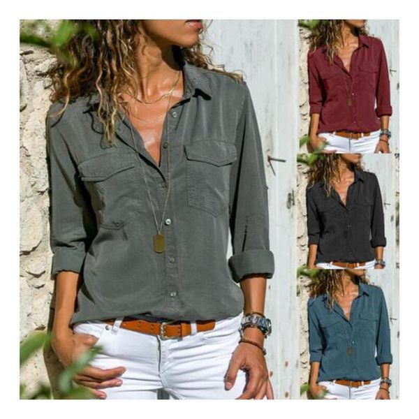 

women's urban vogue solid v neck lapel long sleeve comfort loose shirt, White