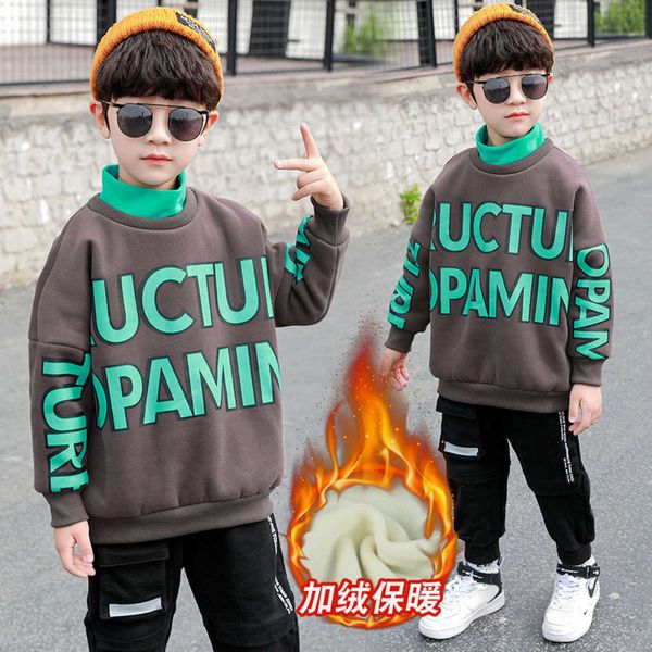 

and thickened warm sweater middle plush school letter print splicing high collar coat children's trend pullover, Black