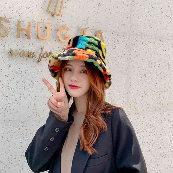 

winter hat outdoor multicolor rainbow faux fur letter pattern bucket hats women winter soft warm gorros mujer, Blue;gray