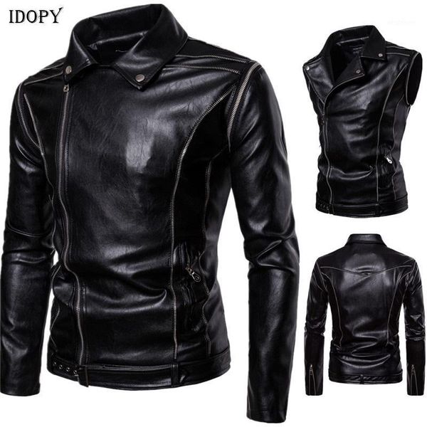 

men's fur & faux idopy leather jacket men multi zippers motorcycle biker pu soft punk bomber coat with detachable sleeves1, Black