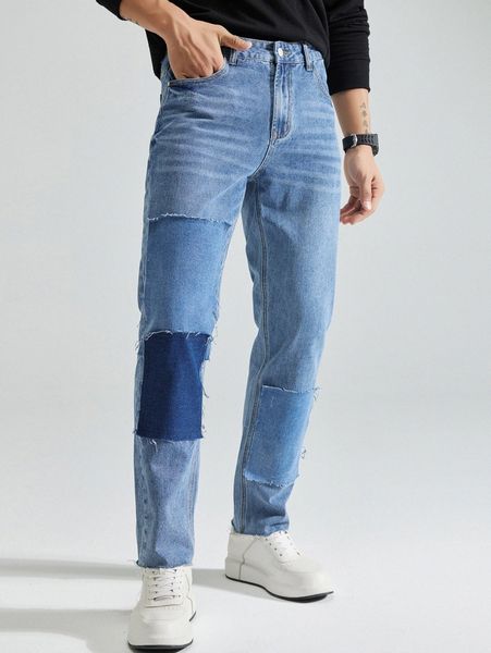 

men contrast panel raw cut jeans c19t#, Blue