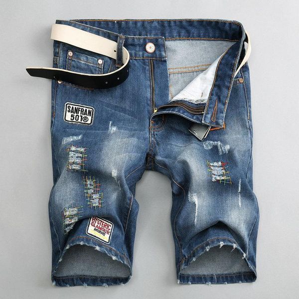 

unique personality pattern decoration of brand-name spring summer men's denim shorts hand-washed slim light blue five-pants men1