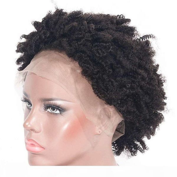 

brazilian human hair wig kinky curly lace front wig natural color short gluless wig swiss lace for women, Black;brown