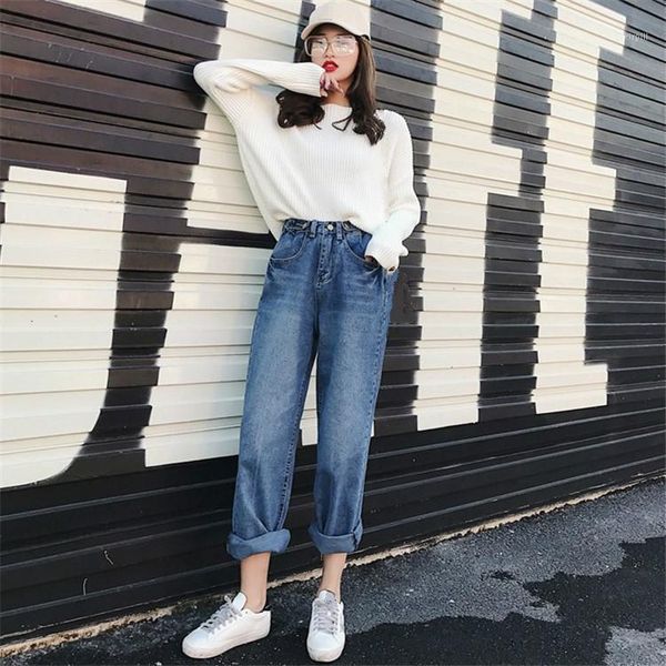 

spring loose denim button jeans for girls light wash old vintage adjustable women wide leg trousers gray boyfriend jeans femme1, Blue