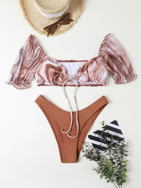 

marble print frill tie front bikini swimsuit t5tg#, White;black