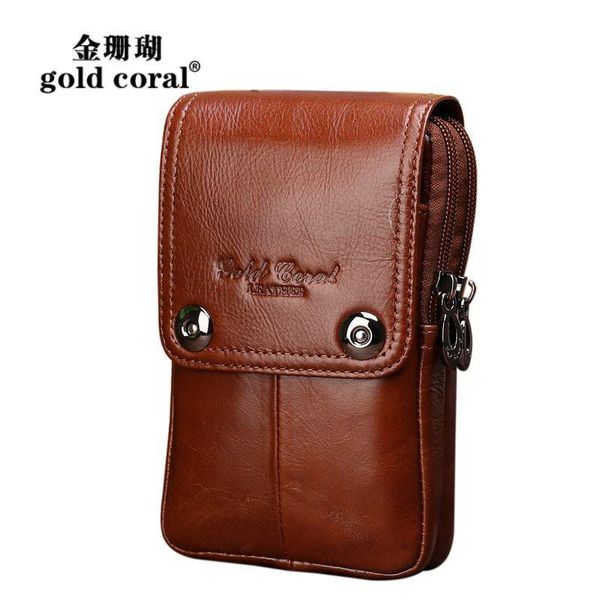 

waist bags gold coral version genuine leather men bag for male pack belt loops hip bum travel waistband #233