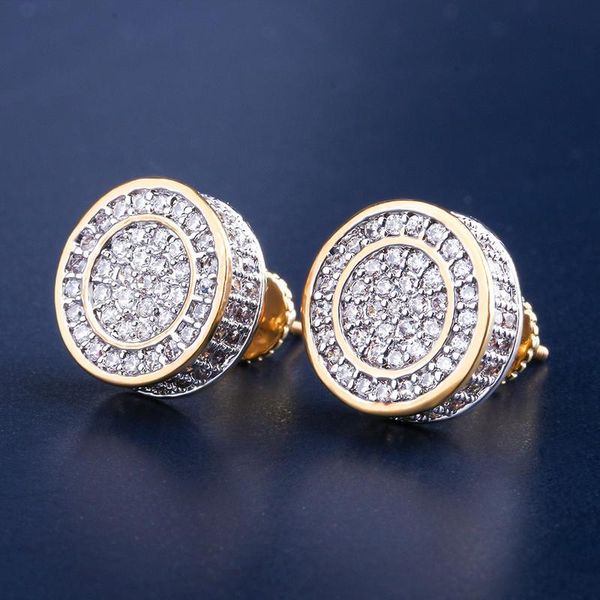

12mm iced out bling cz round earring gold silver color plated stud earrings screw back fashion hip hop jewelry, Golden;silver