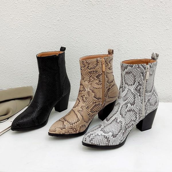 

boots women's ankle winter autumn retro vintage plus size zip spike heel pointed toe pu leather short plush shoes 2021 footwear, Black