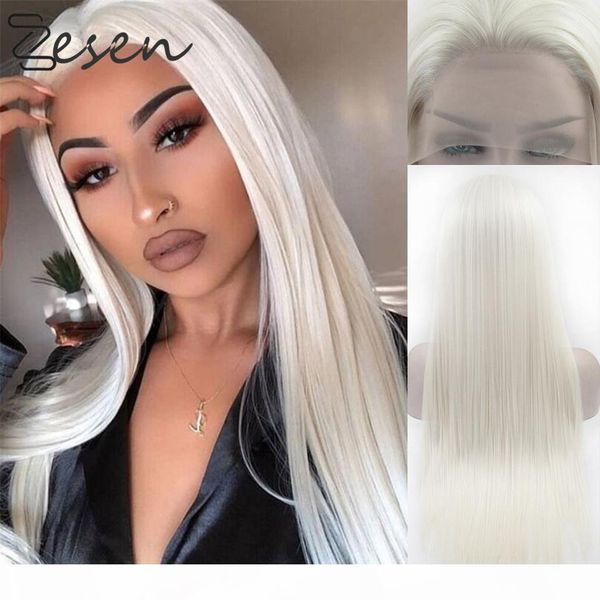 

zesen long silky straight synthetic lace front wig 13x4 white natural middle part hair heat resistant fiber for black white wome