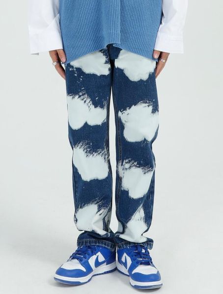 

2020 autumn new fashion men loose straight jeans graffiti tie-dye print denim pants man casual denim trousers w1198, Blue