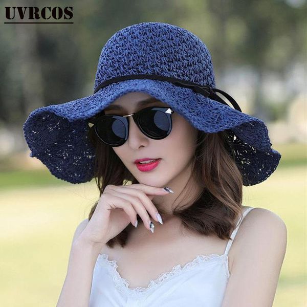 

wide brim hats summer small fresh straw hat sun folding versatile long beach breathable classic fashion woman, Blue;gray