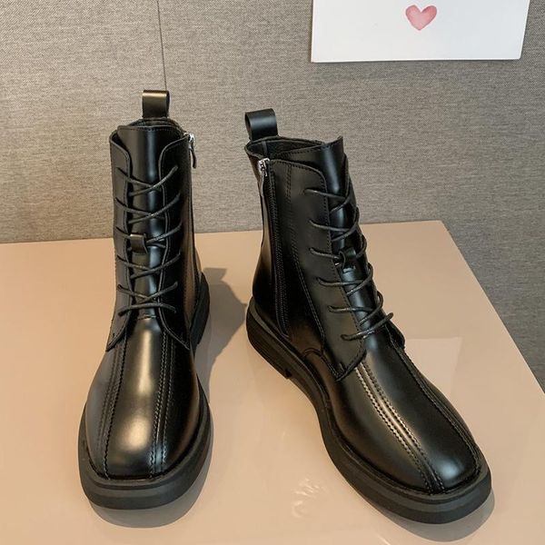 

winter elegant women 2021 warm fur boots spring beige black low heels square toe lace up flat ankle boots cowboy shoes