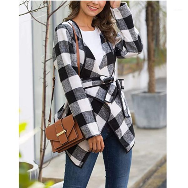 

women's jackets meihuida 2021 fashion women's turn down collar trench, casual long sleeve plaid print wrap belted short coat1, Black;brown