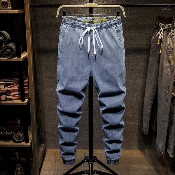 

plus size s-7xl jeans men loose joggers elastic waist streetwear harem jeans cargo pants ankle-length denim beam feet trousers1, Blue