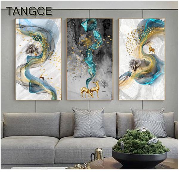 

abstract golden deer paintings wall pictures modern canvas painting blue poster print wall art for living room bedroo bbyadt