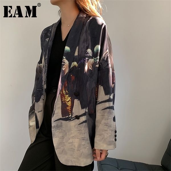 

[eam] women black printed back striped big size blazer new lapel long sleeve loose fit jacket fashion spring autumn 2020 lj201214, White;black