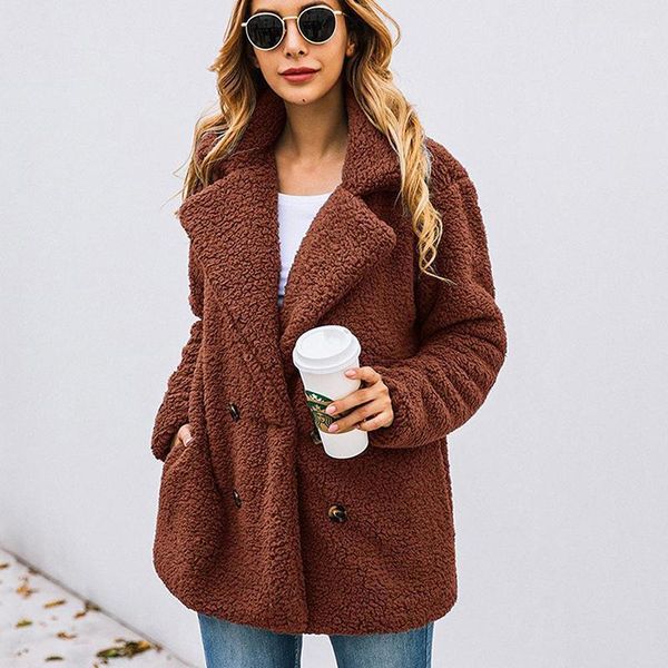 

autumn winter double-breasted women's jacket fur coat turndown-collar loose plush coat women teddy jacket sheepskin1, Black